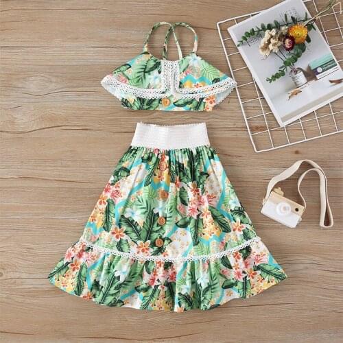 2 Pieces Kids Suit Set Girls Floral Print Sleeveless Spaghetti Strap Tops+ Long Skirt for Summer Green