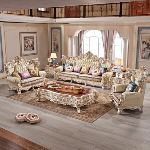 European-style Leather Sofa Villa Oversized Solid Wood Club Living Room Furniture Ivory White Drawing Gold Cowhide 123 Sofa