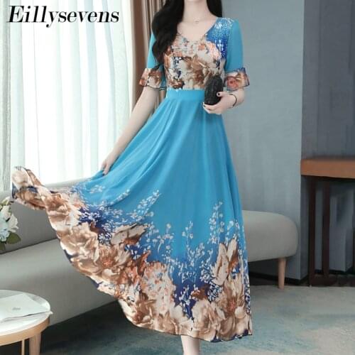 Flower Print Summer Casual Dress Lady Sweet A-line Ruffles Sleeve V-neck Female Dress Beach Elegant Vacation Womans Long Dress