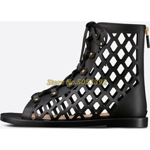 Hollow Flat With Summer Shoes Open Toe Lace Up Ankle Booties Back Zipper White Brown Leather Summer Sandals Casual Rome Style