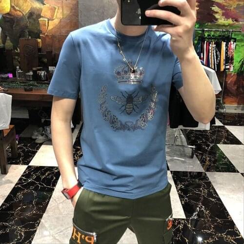 T-shirt Mens Bee Crown Gilding Pattern Multicolor 2021 Summer New Trend High-quality Cotton Handsome Blue Yellow Pink Male Top