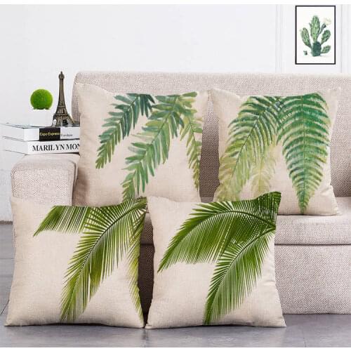 Green Leaf Throw Pillow Cover Tropical Plant Soft Linen Palm Print Decorative Livingroom Sofa Couch Throw Pillows Case T81