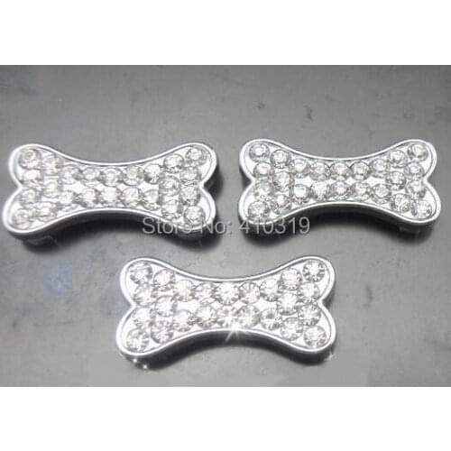 New 100pcs/lot 10mm rhinestones dog bone slide charm fit for 10mm pet dog cat collar