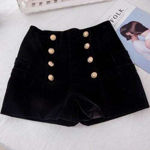 2019 New Autumn Shorts Womens Boots Thin Black Shorts Metal Double Breasted High Waist Velvet Shorts Winter Women Shorts