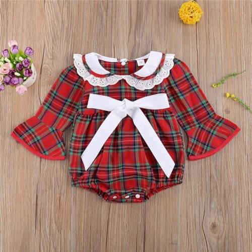 Christmas Newborn Baby Girl Red Plaid Costume Long/Short Sleeve Plaids Checks Romper Ruffle Bow-knot Jumpsuit Xmas Outfit Set