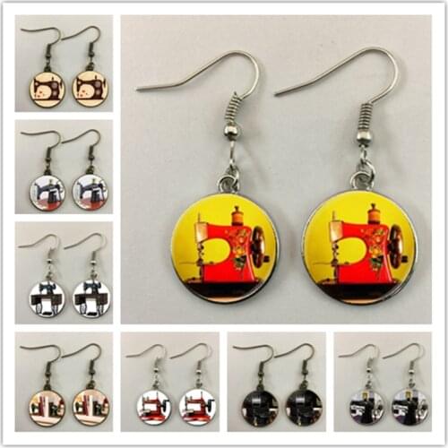 Vintage sewing machine glass art painting cabochon handmade earrings, a souvenir gift for tailor lovers