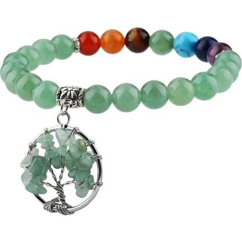 SUNYIK 8mm Green Aventurine 7 Chakra Beads Bracelet Tree of Life Dangle Yoga Energy Reiki Healing Jewelry