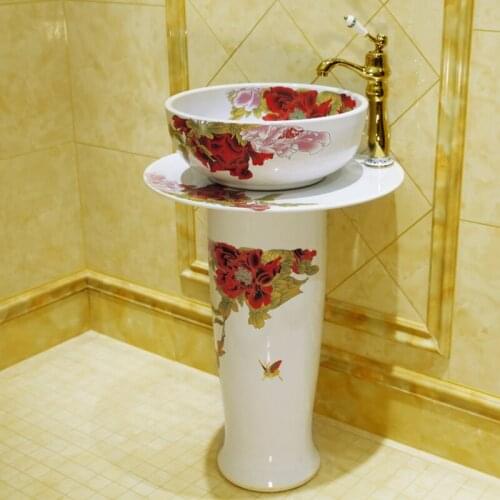 Table Basin Washbasin Ceramic Small Apartment Toilet Simple Pedestal Basin Floor Wash Basin white peony pattern bathroom sinks