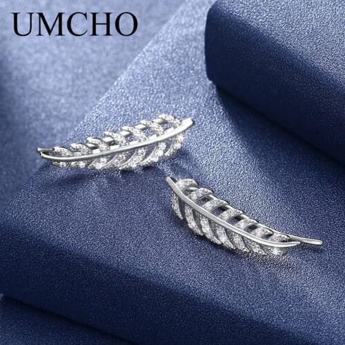 UMCHO Feather Real 925 Sterling Silver Clear Blue Cubic Zircon Earrings for Women Girls Daily Fashion Simple Design Fine Jewelry