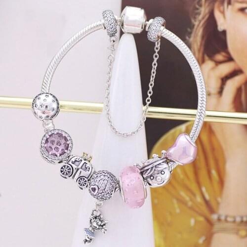 2020 New 925 Sterling Silver Pink Bubble Glass Balloon Pendant Fashion Snake Bone Beaded Bracelet