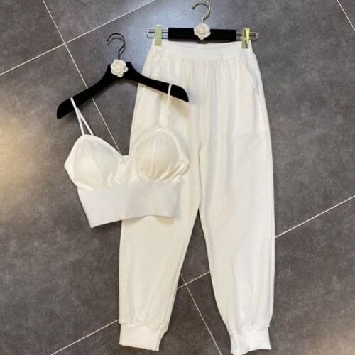 Pants Sets Fashion Casual Stapless Hollow Out Sexy Vest High Waist Long Pants Two Piece Set Women Outfits 2021 New spring summer