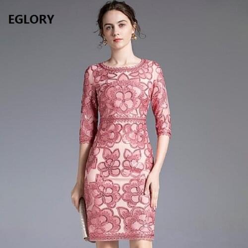 5XL 4xl Dress Vestidos De Fiesta 2020 Autumn Women O-Neck Allover Appliques Embroidery Sequined Deco 3/4 Sleeve Bodycon Dress