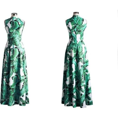 Customized women vintage dress maxi Green Leaf printed sleeveless casual dress high waist A-line slit dress