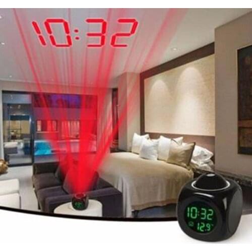 LCD Projection LED Display Time Digital Alarm Clock Talking Voice Prompt Thermometer Snooze Function Desk Night Light Clock