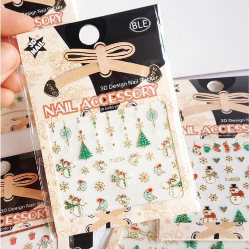 1pc Nail Art Sticker 3D Christmas Gold Bells/Tree/Snowflake/Snowman/Reindeer/Gift Nail 12Designs Adhesive Decorations Decal Ta40