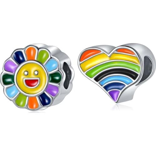 5PCS New Rainbow Colors Enamel Simle Face Sun Flower Heart Beads For DIy Women Men Bracelet Choker Original For Jewelry Making