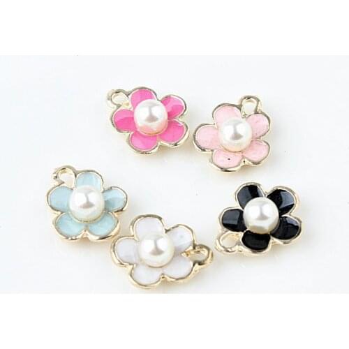 Free Shipping 8PCs 12*14MM Pearl Core Glitter Enamel Flower Charms Floral Alloy Jewelry Necklace Bracelet Charm