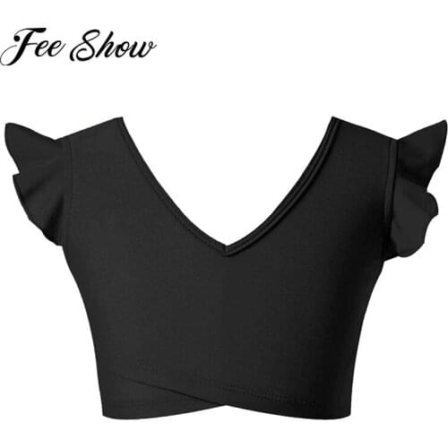 Kids Girls V Neck Shoulder Straps Ruffles Ballet Dance Tops Sleeveless Hollow Out Open Back Workout Running Gym Yoga Sports Top