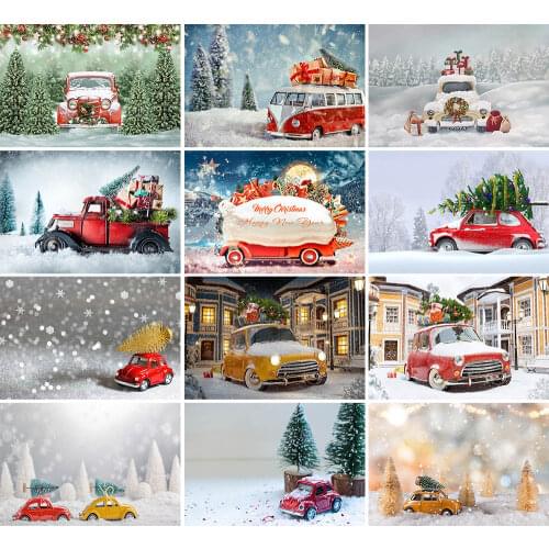 Merry Christmas Tree Backdrop Red Car Gift Bell Bokeh Snowflake Kid Portrait Photography Background Photo Studio Photocall Decor