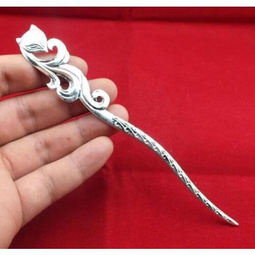 Exquisite Chinese classical Tibetan silver Womens Fox statue Hair pin sticks