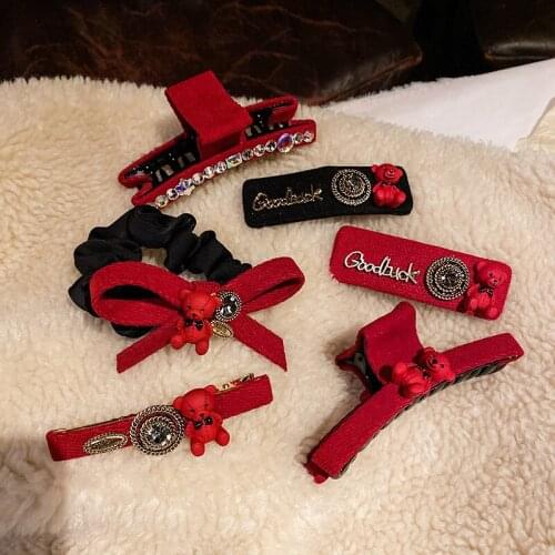 Chinese red hair accessories 6pcs set bear hair rope bb clip side hairpin clip bride hair claw headdress for girls