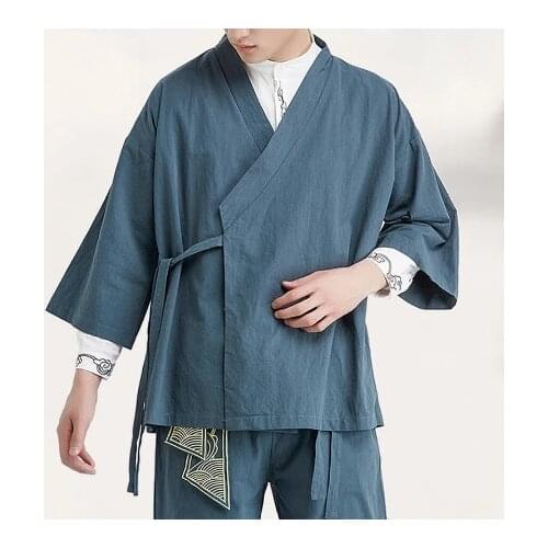 2020 Summer Chinese Style Linen Jacket Hanfu Men Costume Suit Loose Large Size Cotton Linen Retro Style Tang Suit Robe Male