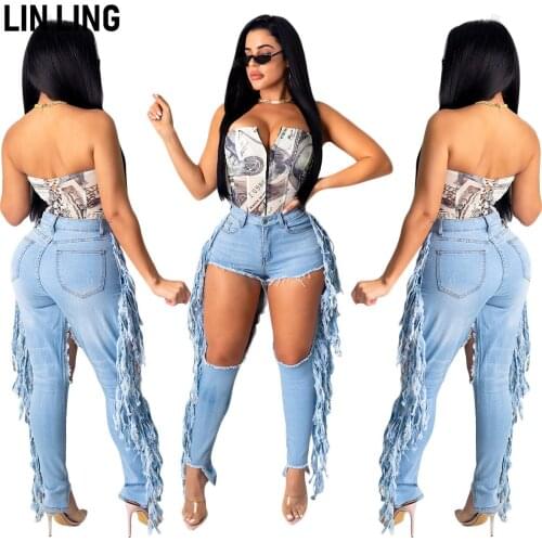2021 New European and American Casual Pierced Jeans Fashion Side Fringe Trend Denim Pants