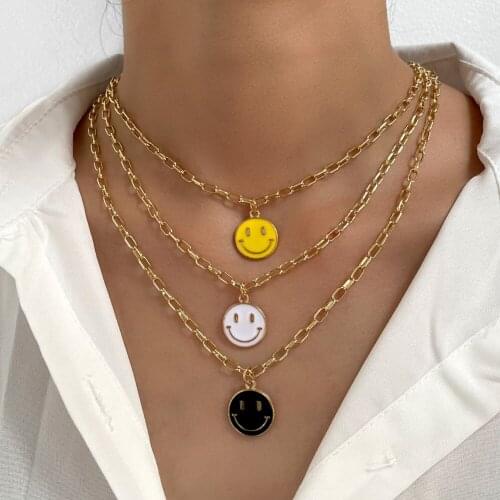 Trendy Cute Colorful Smiley Face Pendant Necklace For Women Men Hip Hop Punk Enamel Coin Chain Choker Necklaces New Jewelry Gift