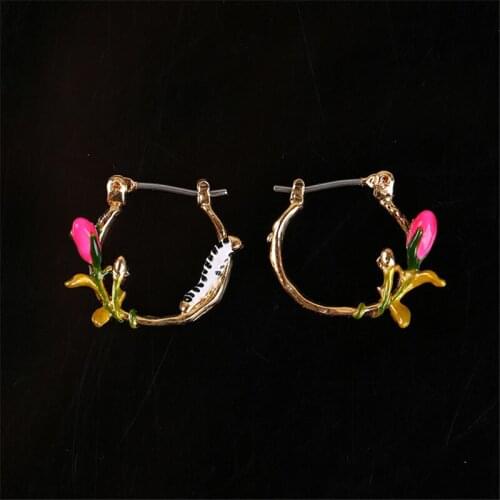 Simple and Small Rose Earrings Enamel Color Glaze Caterpillar Pink Flower Bud Ear Ring Ear Buckle Female Student Jewelry