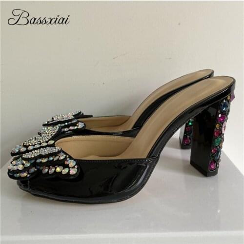 Luxury Rhinestone Butterfly-flower Sandals Women Jeweled Diamond High Heel Slingbacks Peep Toe Bling Summer Mules