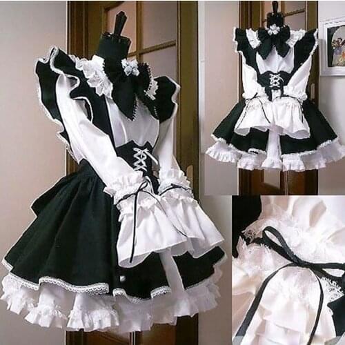 Anime Women Men Maid Outfit Long Dress Black and White Apron Dress Lolita Dresses Cosplay Costume Uniform Temptation Sexy Paty
