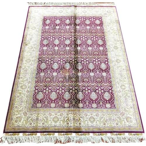 Seeykeep™ 4x6ft Oriental Silk Handknotted Floral Rug With Wine Red Backcolor pattern -NY3016107