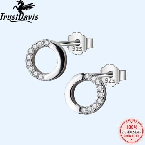 Trustdavis 100% 925 Sterling Silver Womens Jewelry Fashion Hollow Round CZ Stud Earrings Gift For School Girls Teens Lady DA82