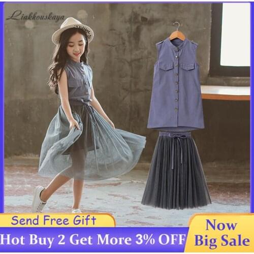 3-13 Years Kids Clothes Summer Girls Sleeveless Button Tops +Tulle Skirtt Suits Girls Fashion Cotton Two-Piece Princess Dresses