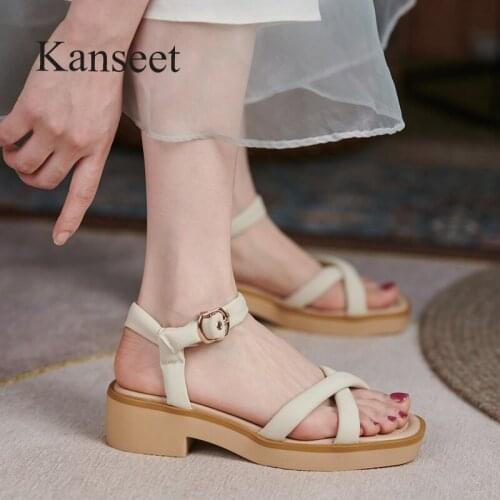 Kanseet New Square Heels Women Sandals Open-Toed Microfiber Leather Summer Comfort Daily Female Mid Heels Buckle Strap Shoes