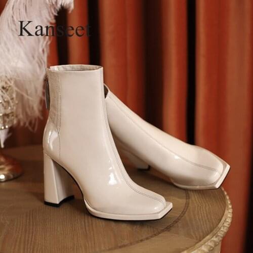 Kanseet Super High Heels Women Ankle Boots 2021 Autumn Winter New Square Toe Cow Patent Leather Handmade Zip Short Boots Female