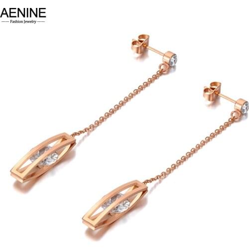 AENINE Titanium Stainless Steel Geometry Tassel Earrings Rose Gold Trendy CZ Crystal Bohemia Dangle Earrings For Women AE20183