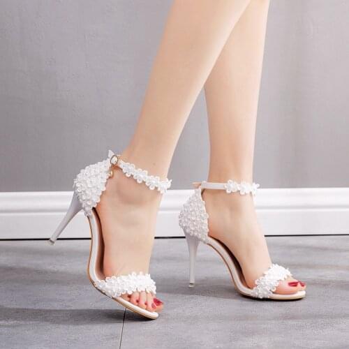 Womens Wedding Shoes High Heels Flower White Lace Stiletto Bridal Pumps Custom Handmade Pearl Sandals