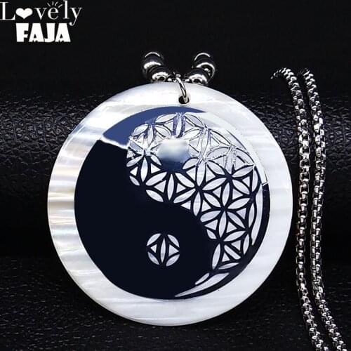 Yoga Tai Chi Gossip Flower of Life Shell Stainless Steel Statement Necklace Women Silver Color Necklace Jewelry bisuteria N20S03
