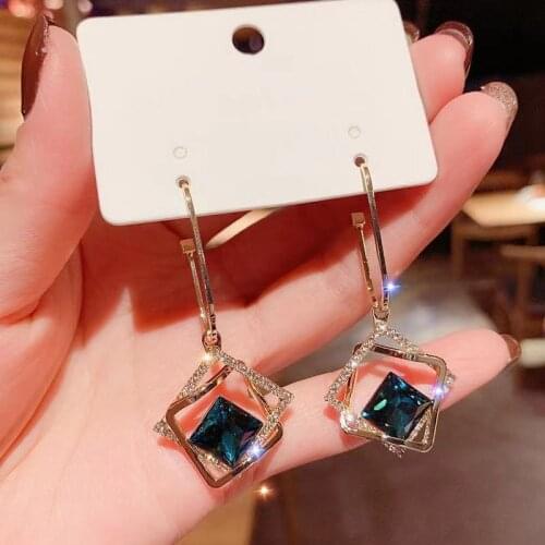 2021 Fashion Electroplating Hollow Geometric Blue Crystal Earrings New Personality Temperament Earrings