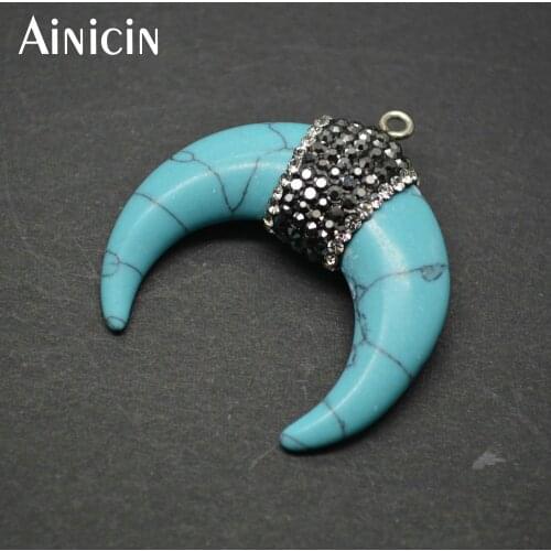 5pcs Blue Color Howlite Howlite Moon Shape Pendant Black Rhinestone Crystal Paved For Women Jewelry Making Matrerails
