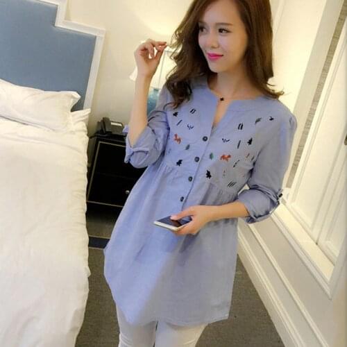 2020 Maxi Maternity Blouse Shirt Dresses Clothes Pregnancy Tops Tees Clothing Blue Long Sleeve Office Wear Clothes For Pregnant