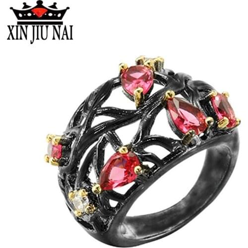 Black golden leaves withered leaves Gothic Vintage Rings for Women Hollow Punk Flower Black Gold Color Fuchsia Red CZ Crystal