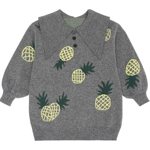 Kids 4-12 years 2020 spring/autumn new girls cotton polo pineapple printed sweatshirt long sleeve top casual cute gray clothing