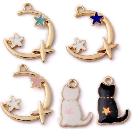Newest Kawaii Stars Moon Alloy Charms 50pcs Kawaii Animal Cat Oil Drop Enamel metal Fashion Earring Necklace Bracelet Pendants