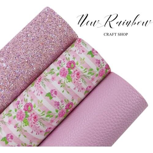 New Rainbow 22x30cm 3pcs Voilet Pink Stripes Flower Pattern Faux Leather Soft 1.0MM For Making Bows Crafts, DIY Accessories