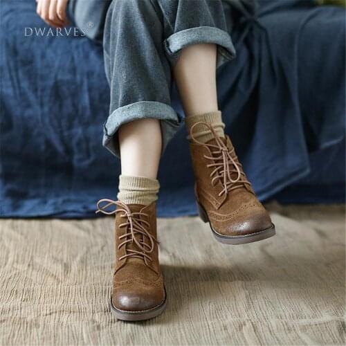 Handmade Leather Martin Boots Women Midheel Ankle Boots With Lace Coffee/Khaki