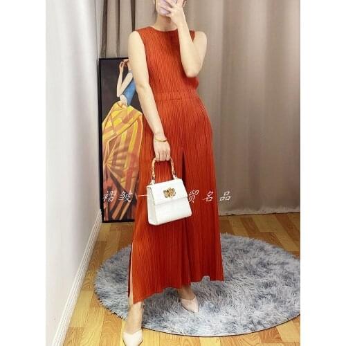 HOT SELLING Miyake fold Pure color o-neck fashion Back zipper jumpsuits wide-legged pants IN STOCK