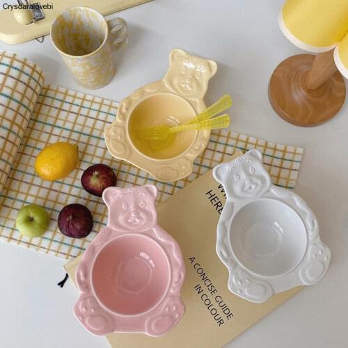 Cartoon Bear Dessert Plate Bowls Cute Ceramic Dinner Dishes Korean Ins Bear Dessert Flat Soup Bowl Breakfast Salad Tray