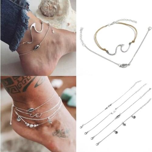Pack of 2 beach anklets with shell and fish tail /wave pendant design in mixed link chains female enkelband
